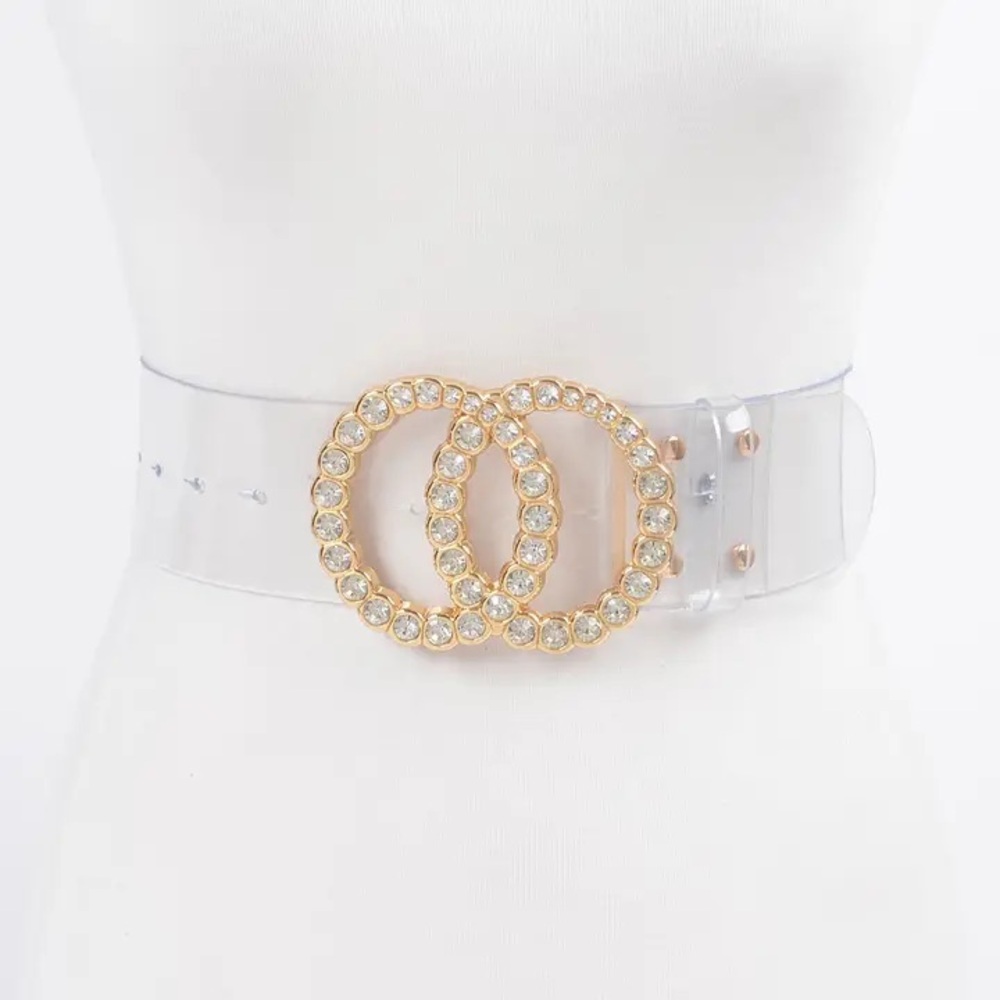 1307. Elegant Rhinestone Double Circle Gold Buckle Translucent Belt